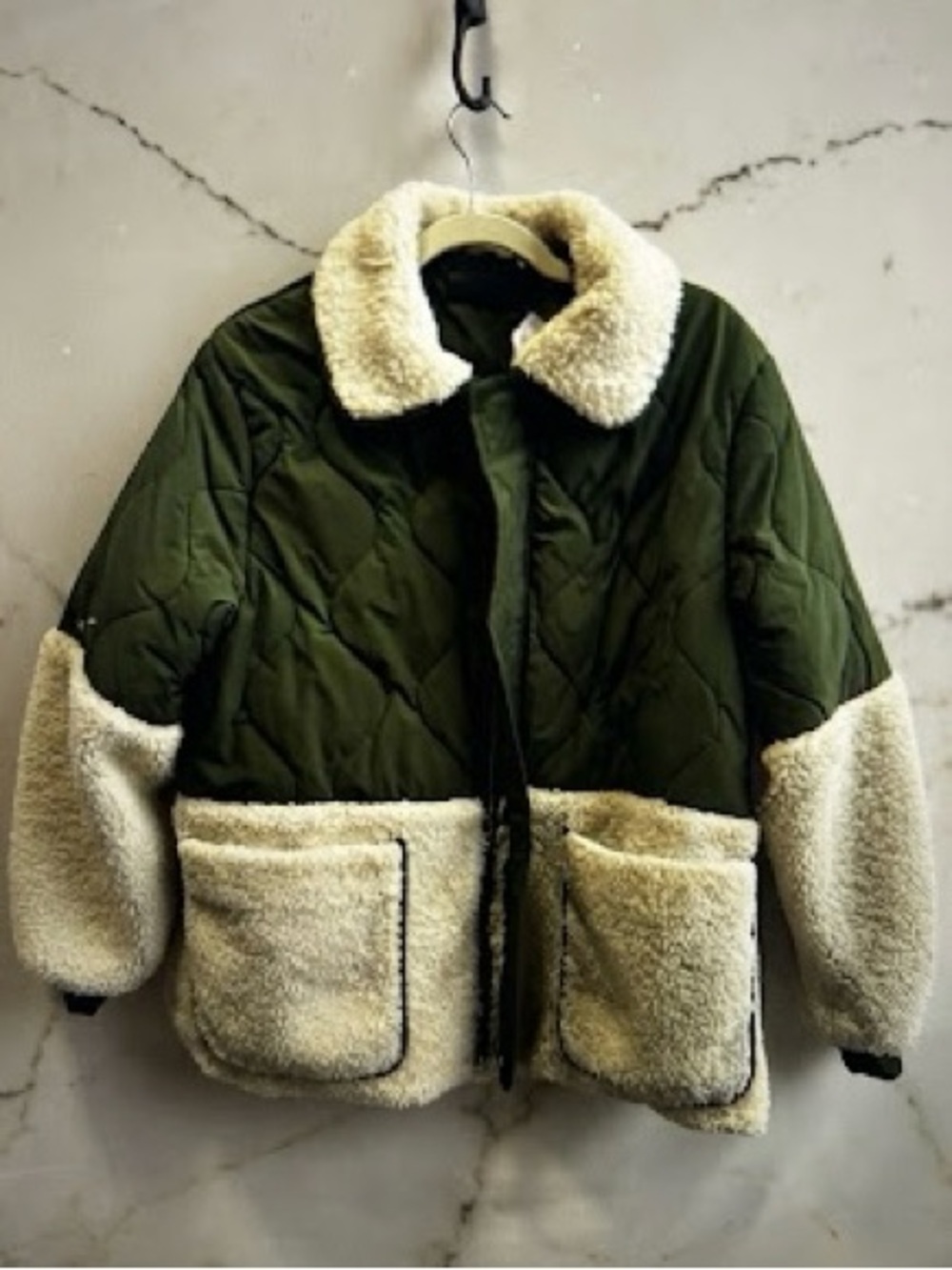Blank NYC Olive Green Quilted Teddy Jacket with Ivory Sherpa Trim